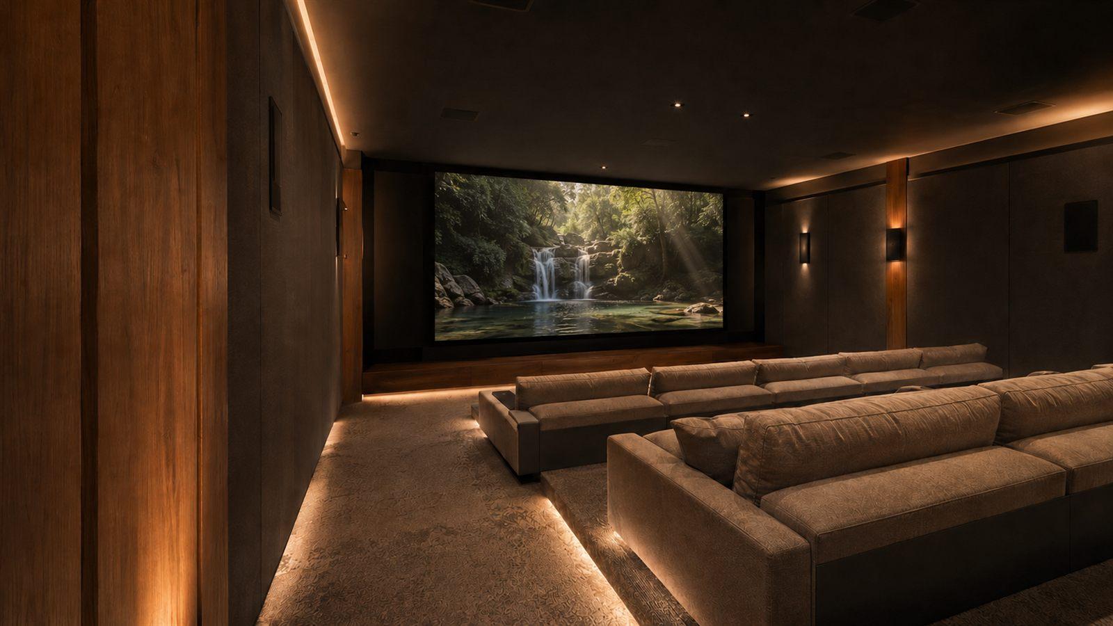 Sala de cinema do Projeto Casa Life com tela em exibição