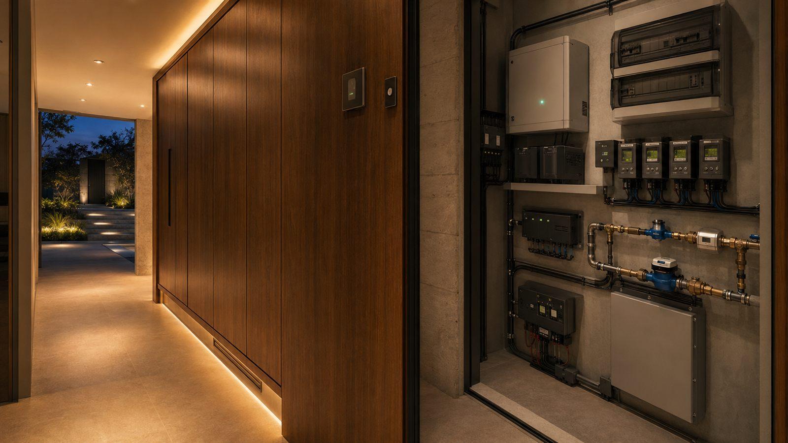 Armário técnico de hidráulica e energia integrado ao corredor do Projeto Casa Life