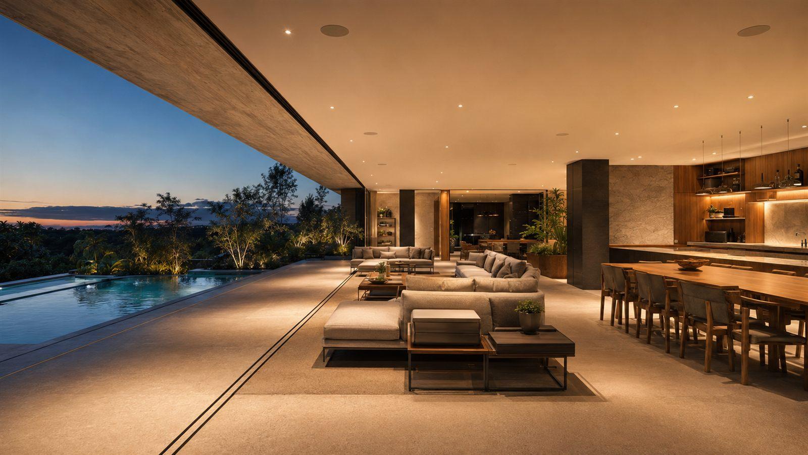 Living integrado com bar e vista para a piscina no Projeto Casa Life