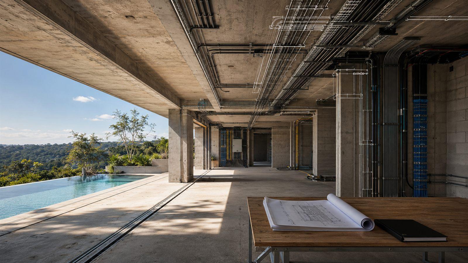 Fase de obra do Projeto Casa Life, com infraestrutura e conduítes aparentes e o projeto sobre a prancha