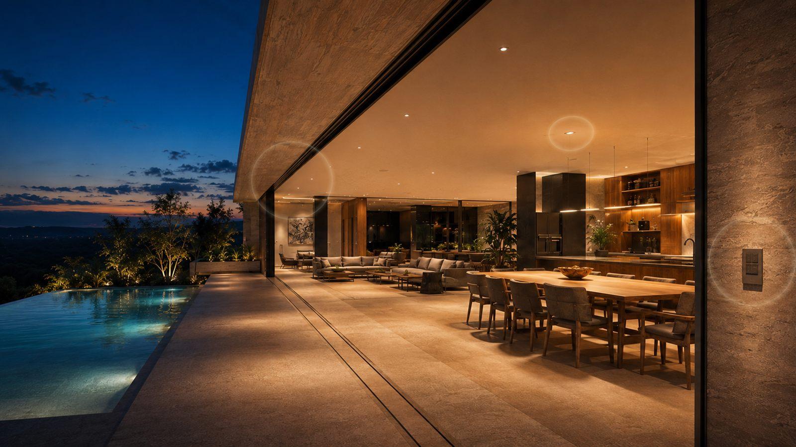 Área social integrada ao entardecer, com controle por cena, no Projeto Casa Life