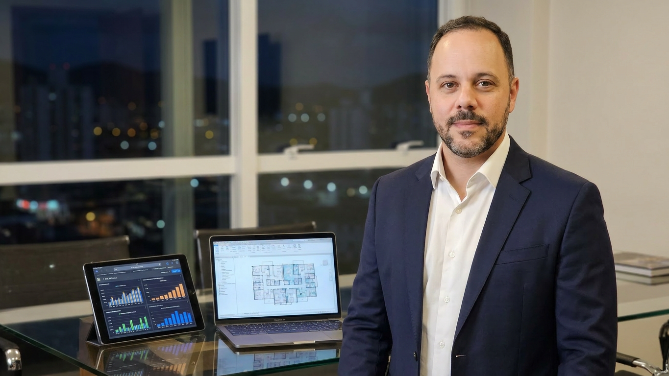 Leandro Correia analisando planta baixa e indicadores de um empreendimento